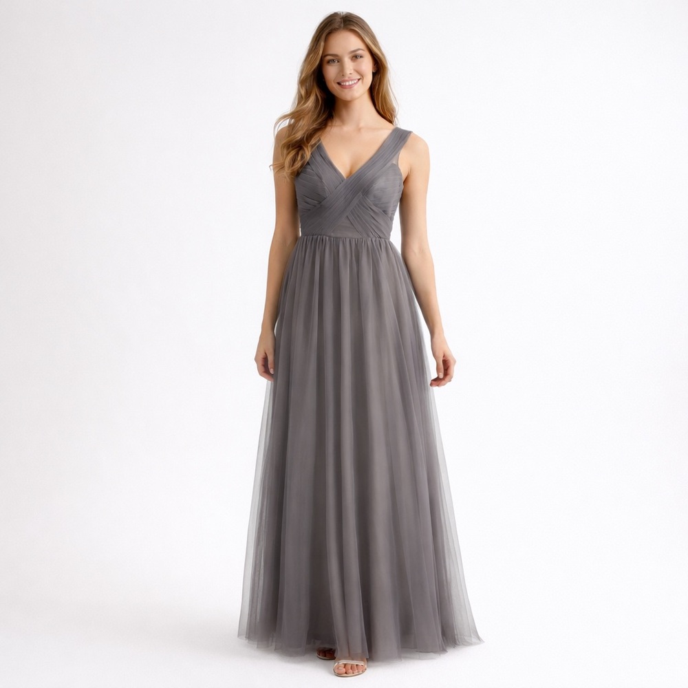 Tulle & Chantilly XS/S Smoky Gray Tulle Maxi Dress Pleated Crossover Bodice